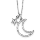 Sterling Silver Rhodium-Platedod-plated CZ Moon/Star With 2 Inch Extention Necklace